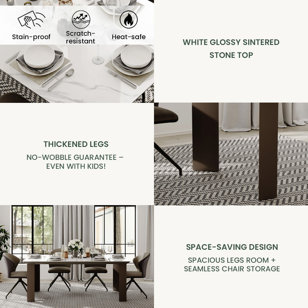 Sintered Stone White & Brown Glossy Sintered Stone Extendable Dining Tables