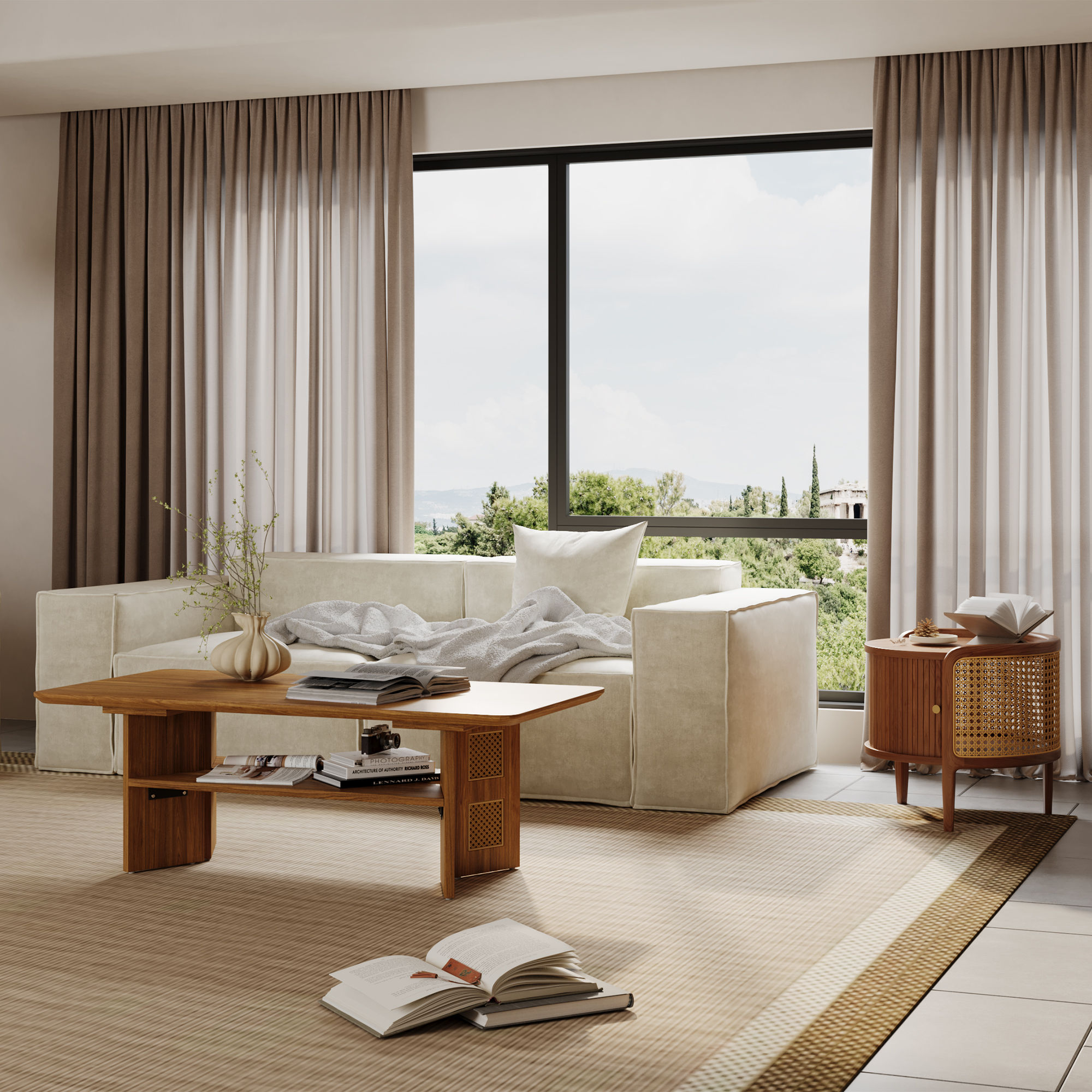 Mid Century Modern Walnut Color MDF Living Room Set