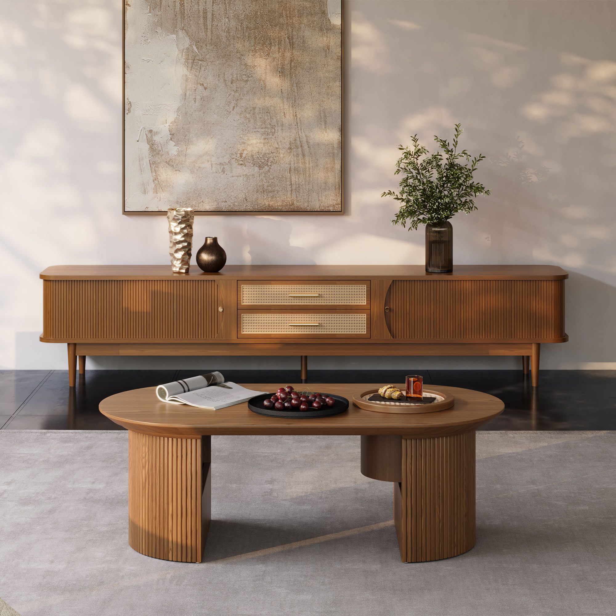 Mid Century Modern Walnut Color Living Room Set