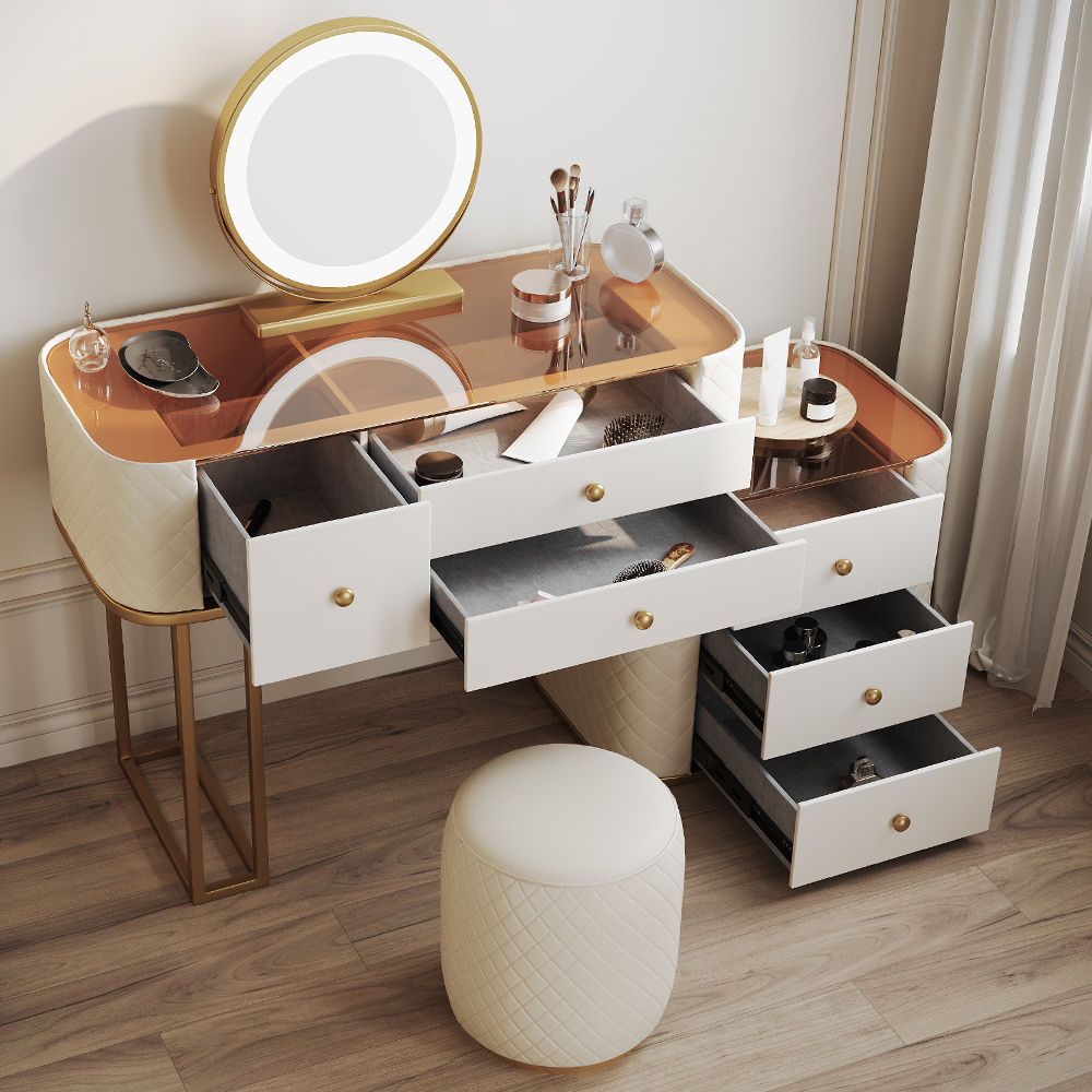 Tempered Glass Beige MDF Makeup Vanities