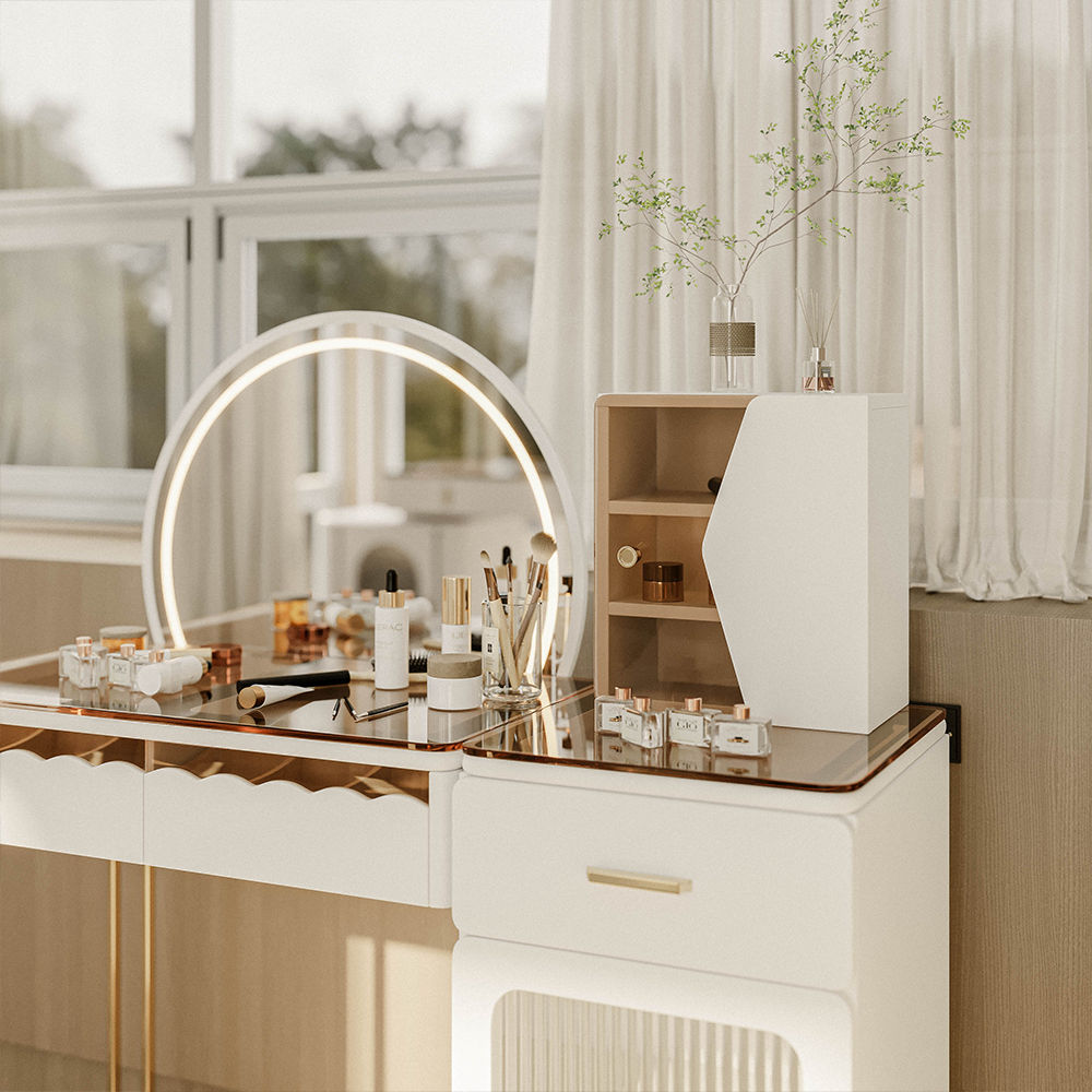 Circular Mirror White MDF Makeup Vanities