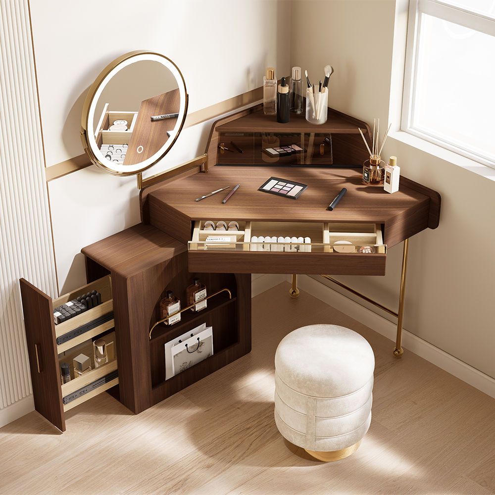 Wood Leg Walnut MDF Makeup Vanities