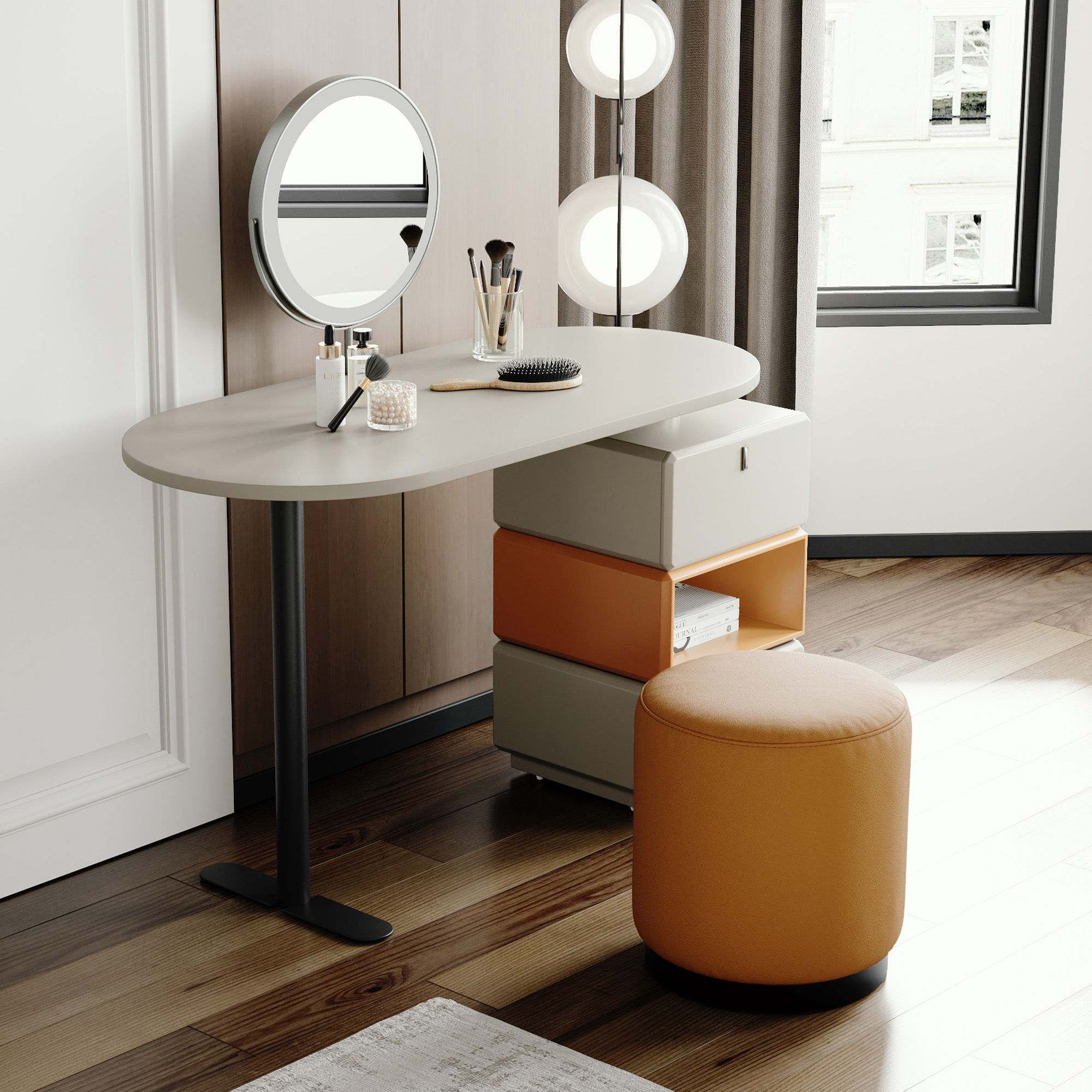 Circular Mirror Gray MDF Makeup Vanities