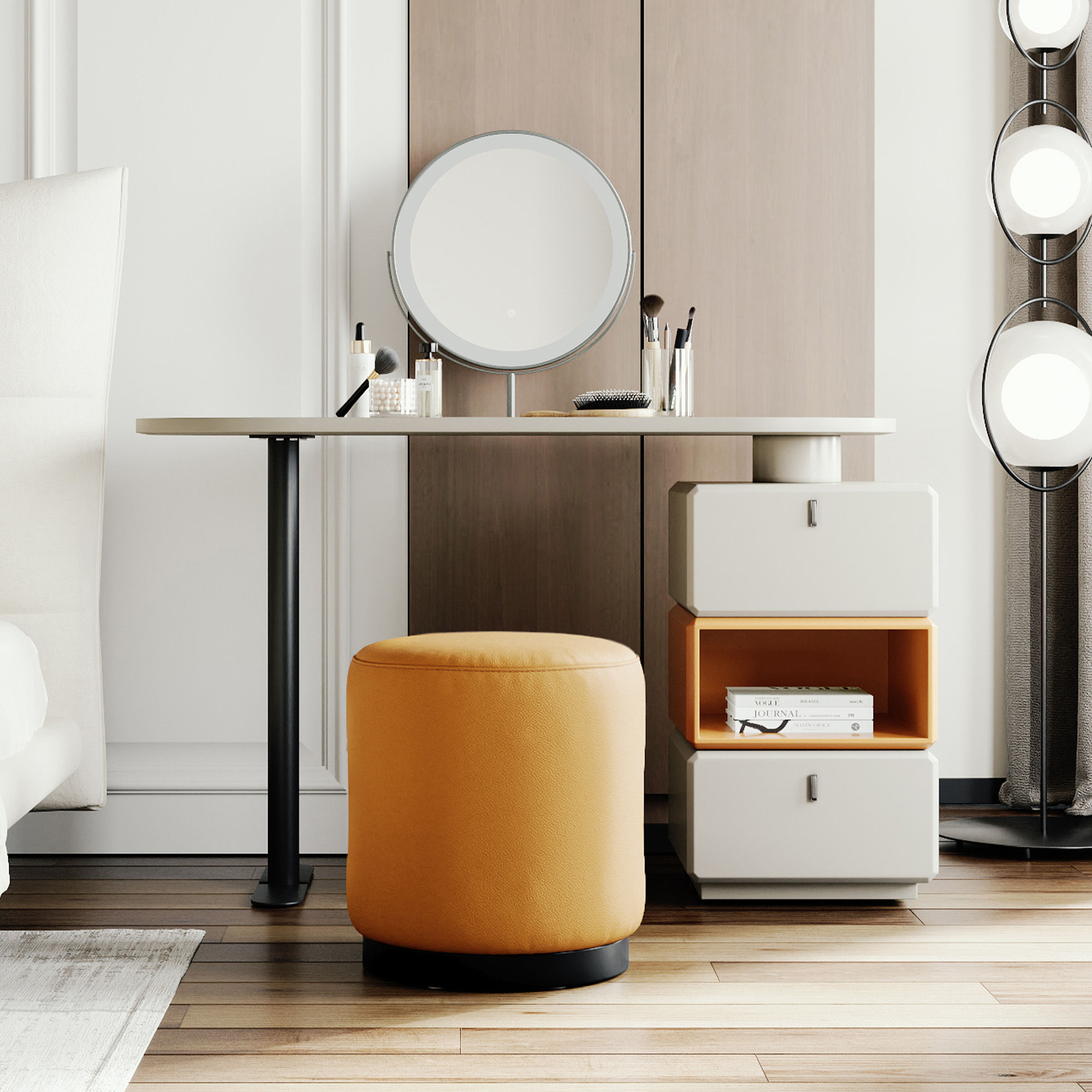 Circular Mirror Gray MDF Makeup Vanities