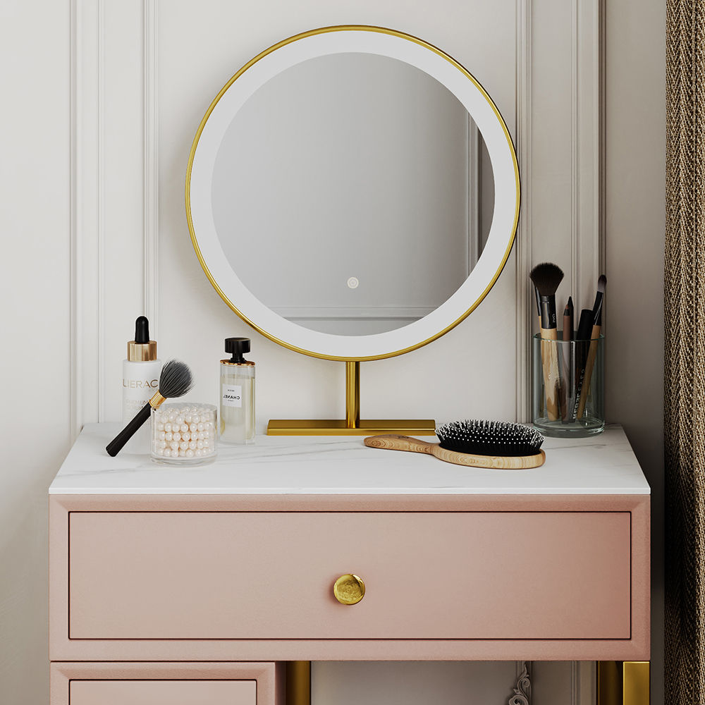 Corner Makeup Vanity Pink Matte Sintered Stone Makeup Vanities