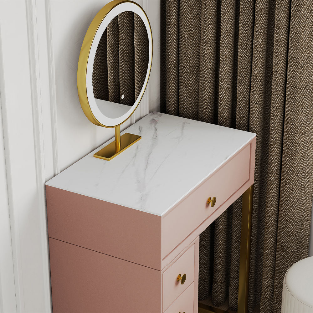 Corner Makeup Vanity Pink Matte Sintered Stone Makeup Vanities