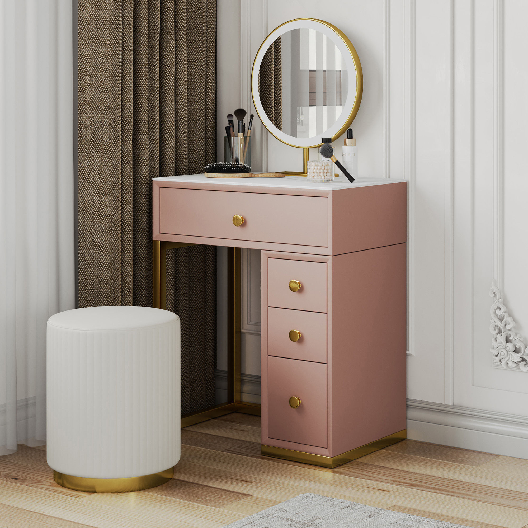 Partly Assemble Pink Matte Sintered Stone Makeup Vanities