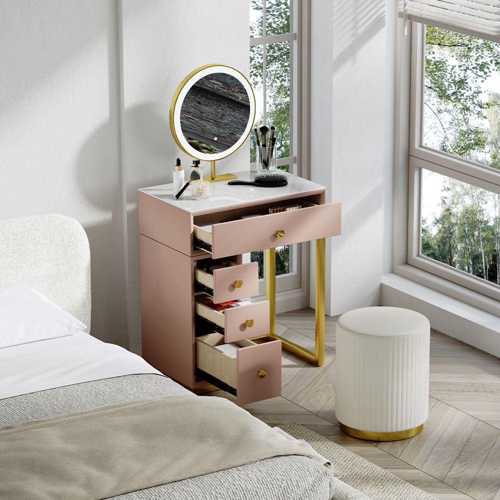 with Chairs Pink Matte Sintered Stone Makeup Vanities