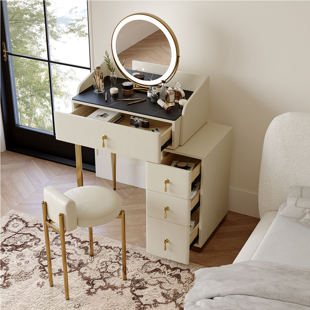 Leather Beige MDF Makeup Vanities