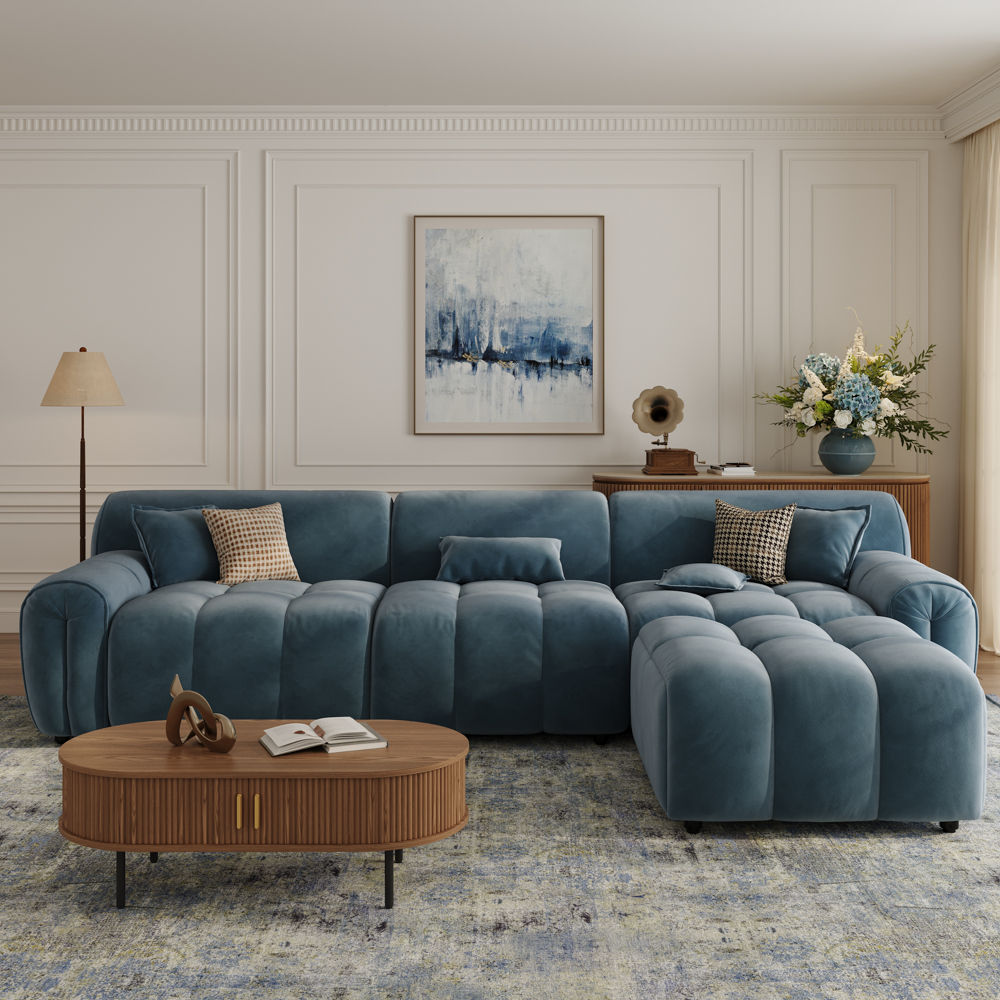 Navy Blue Velvet Fabric Modular Sofas