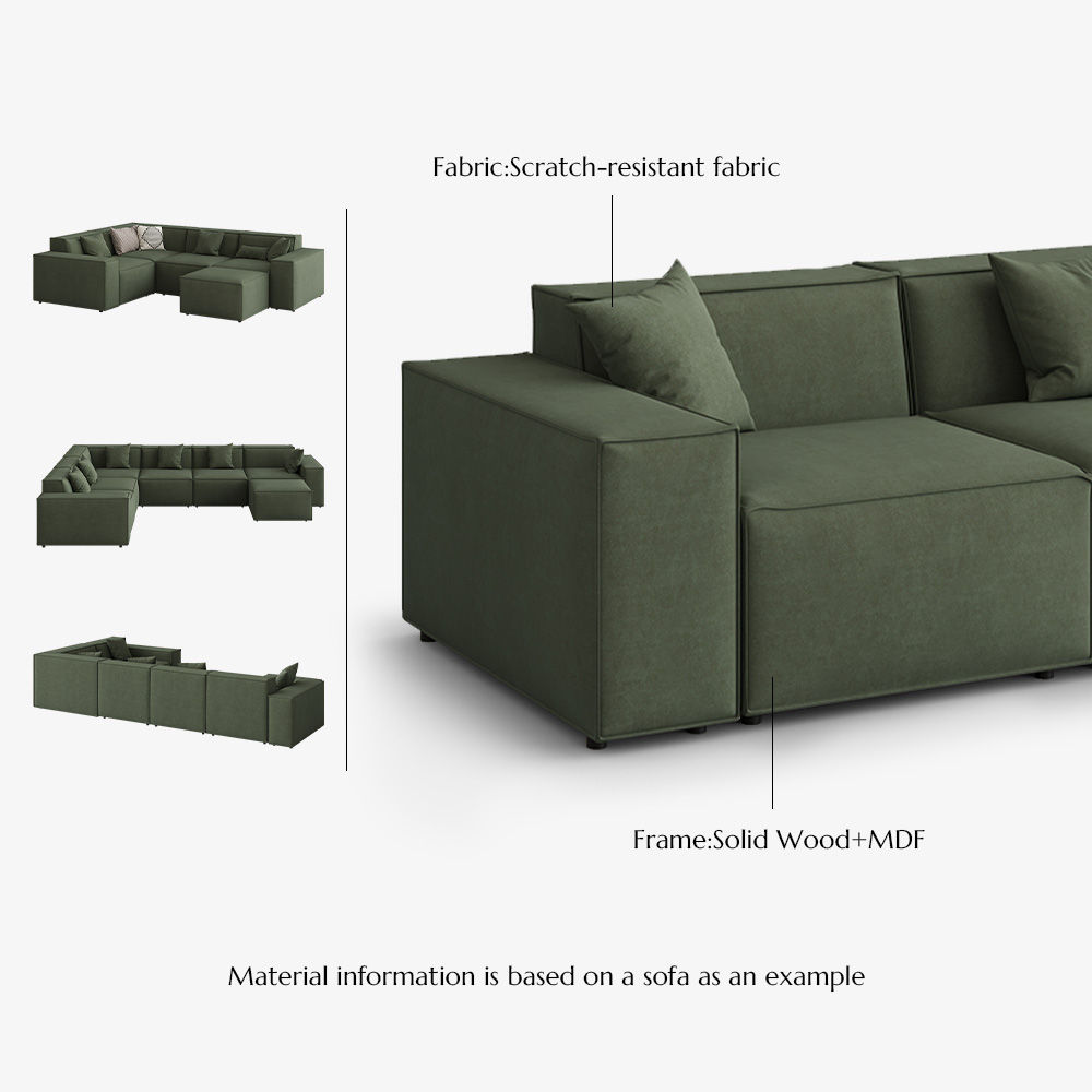 Square Armrest Green Fabric Modular Sofas