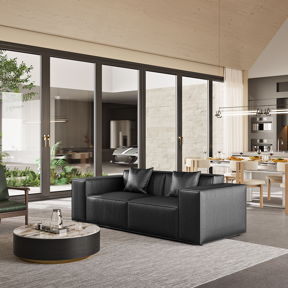 Square Black Leather Modular Sofas
