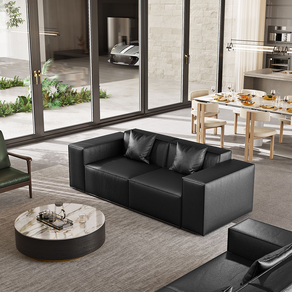 Wood Black Leather Modular Sofas