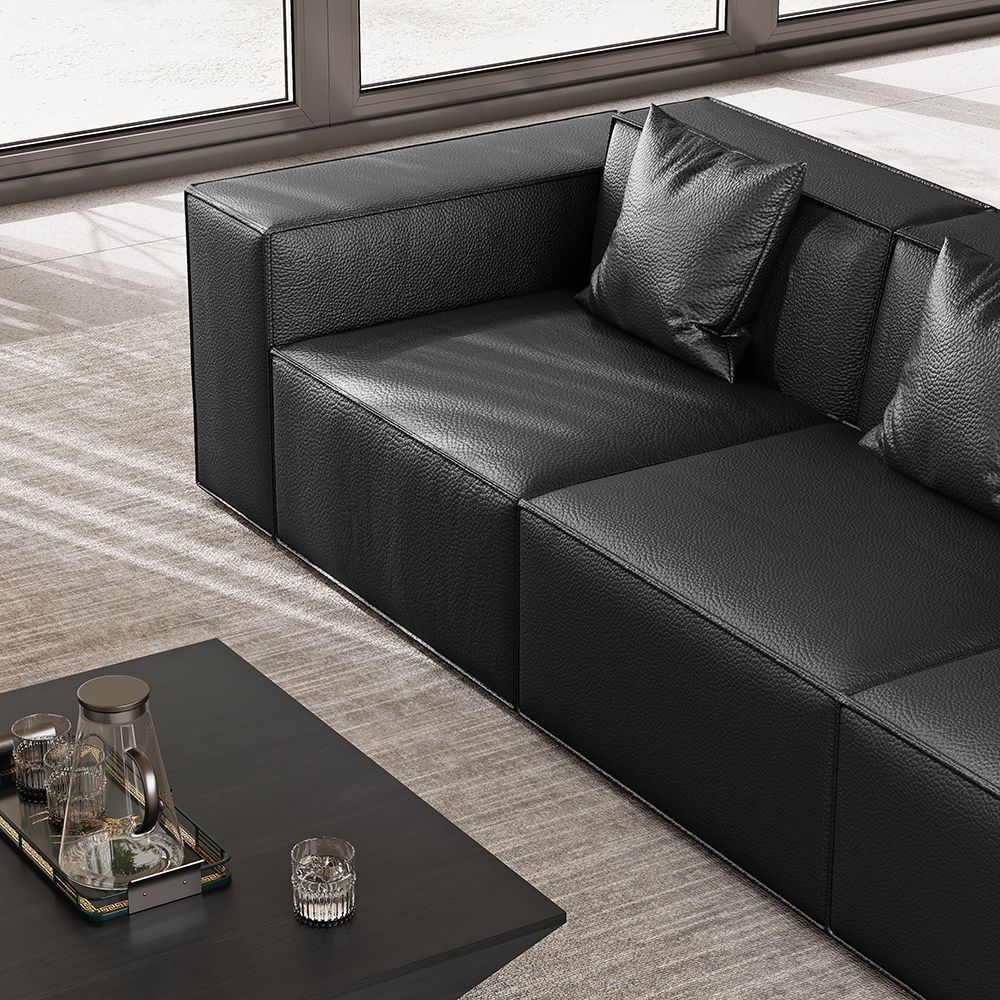 Wood Black Leather Modular Sofas