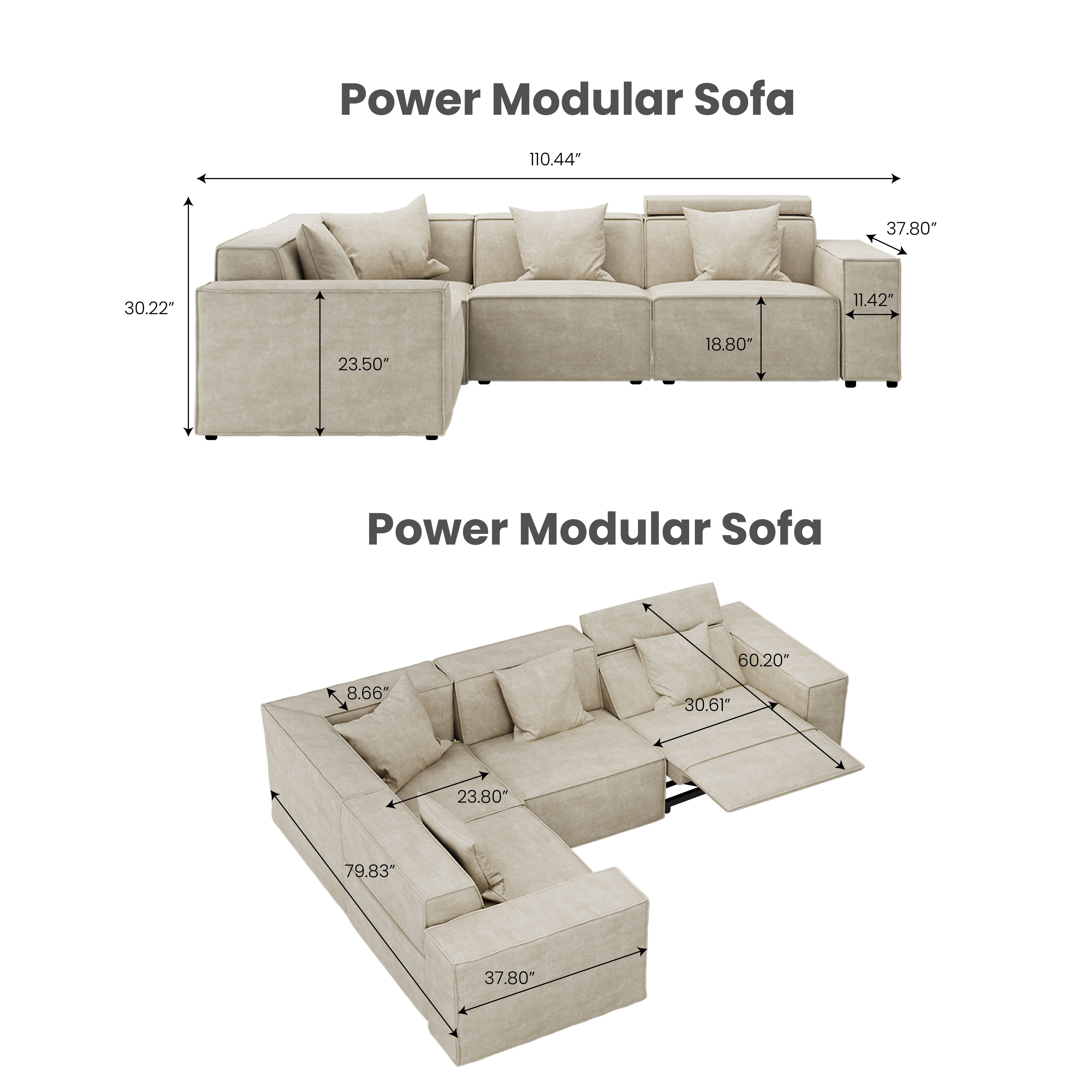 Recliner Beige Fabric Modular Sofas