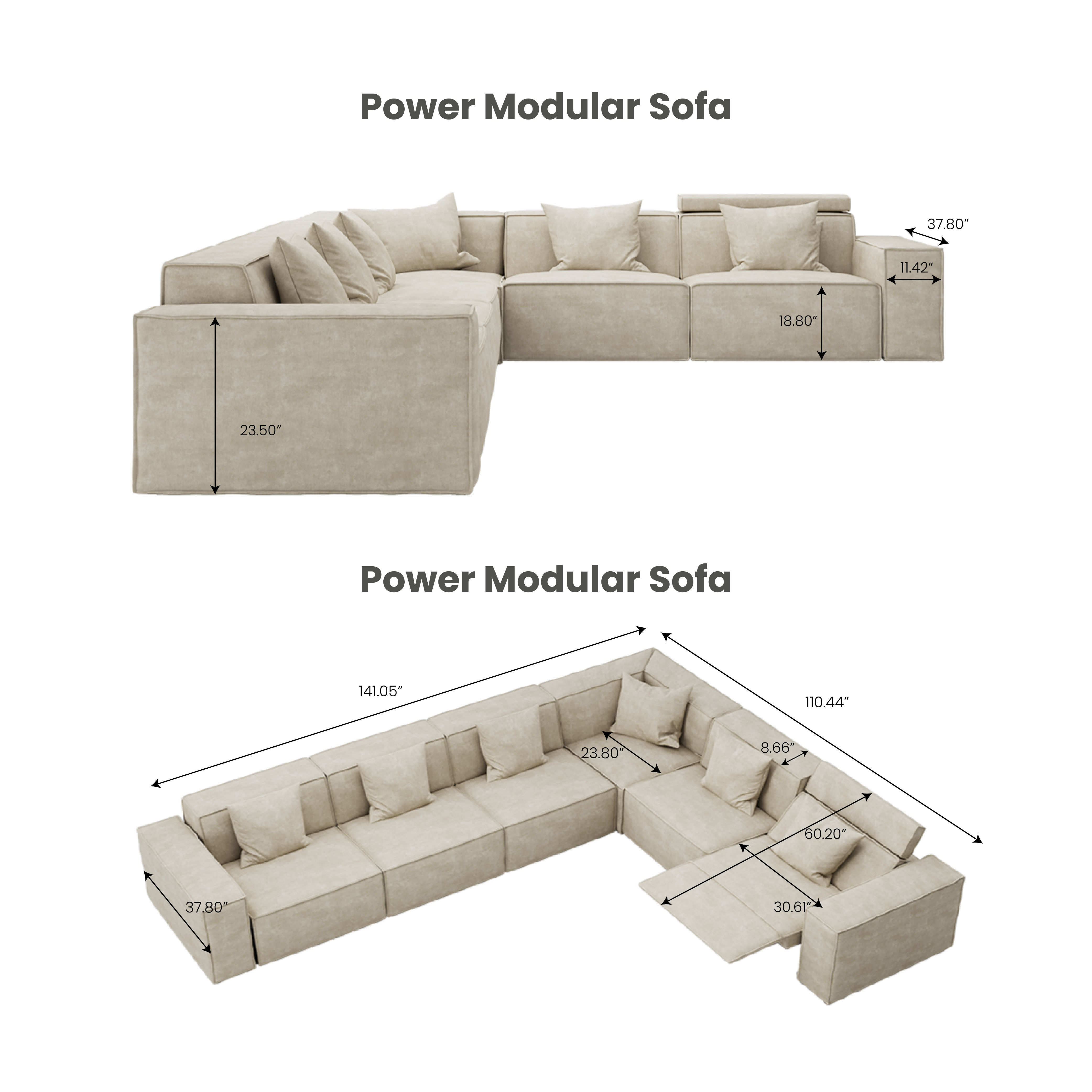 Power Reclining Sofas Beige Fabric Modular Sofas