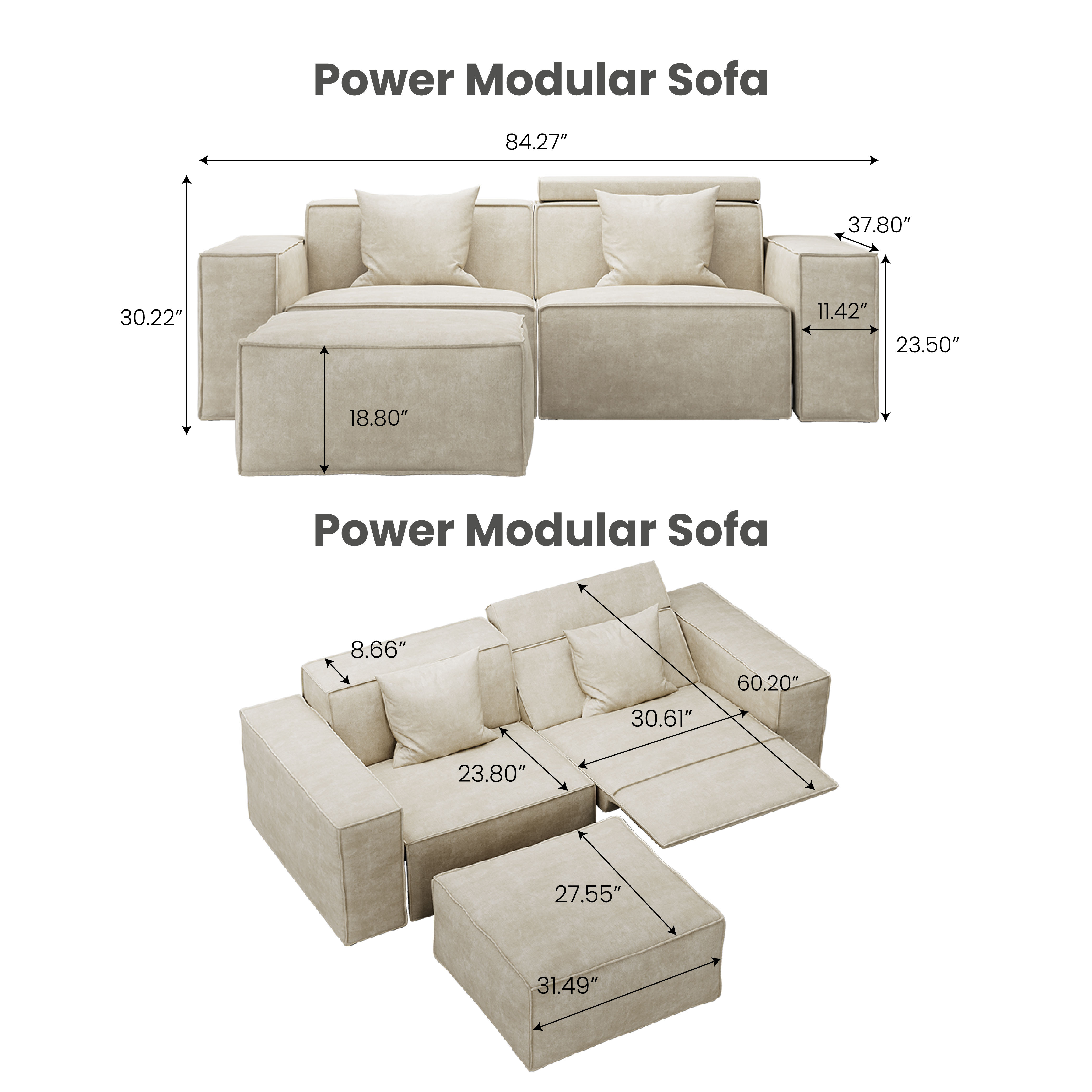 Power Outlet Beige Fabric Modular Sofas