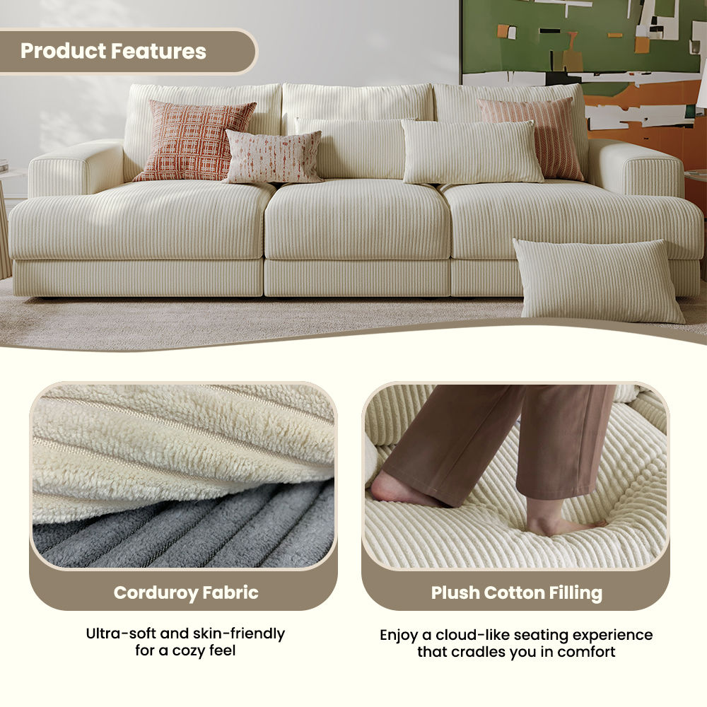 Wood Beige Corduroy Modular Sofas