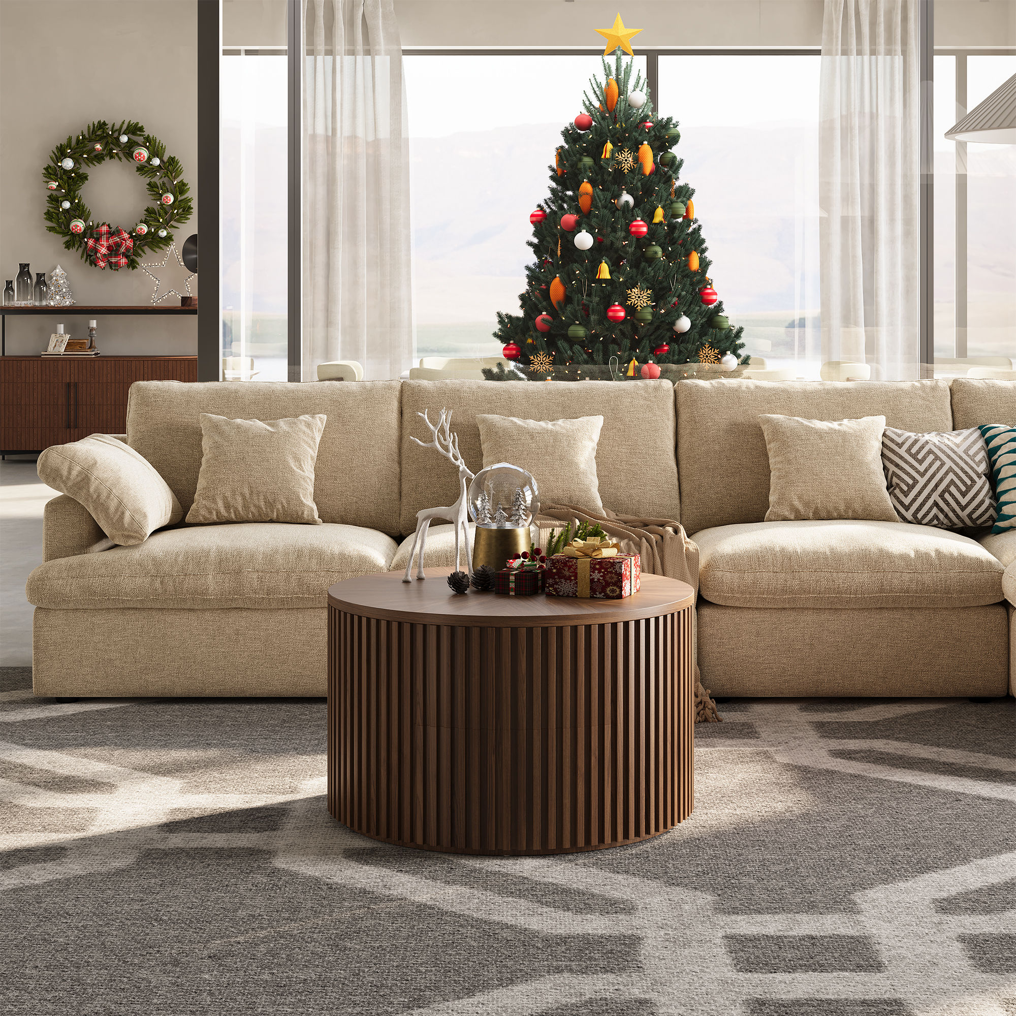 Wood Beige Chenille Fabric Modular Sofas