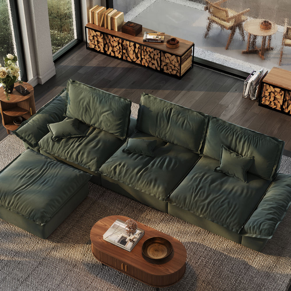 On the Ground Green Suede Fabric Modular Sofas