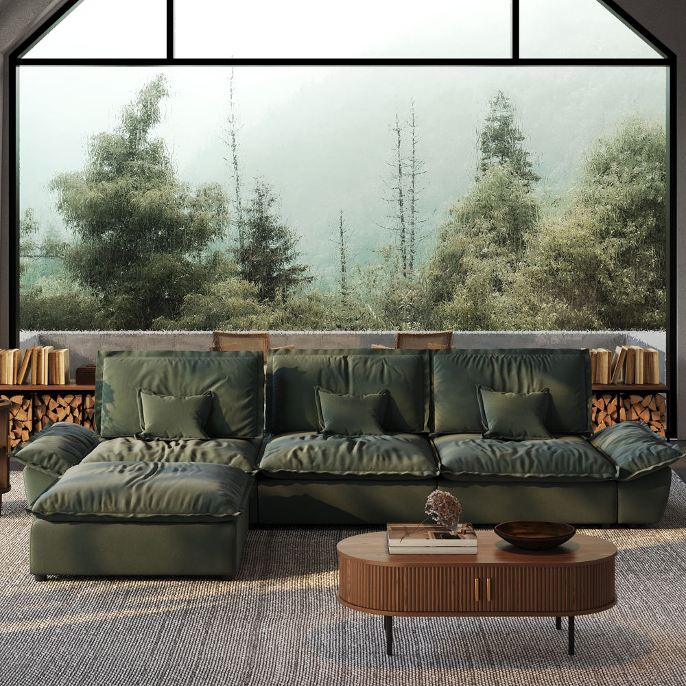 Pure Color Green Suede Fabric Modular Sofas