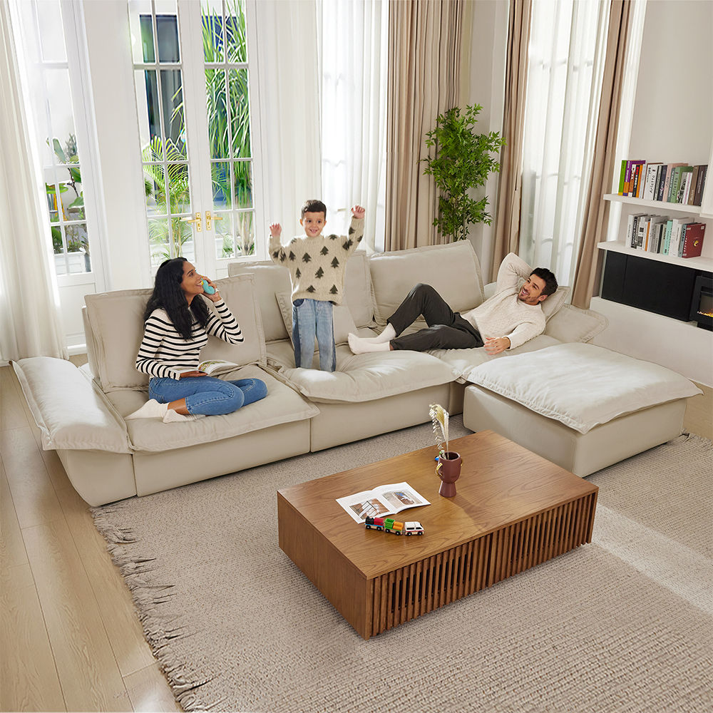 Pure Color Beige Suede Fabric Modular Sofas