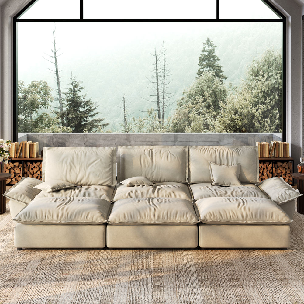 Beige Suede Fabric Modular Sofas