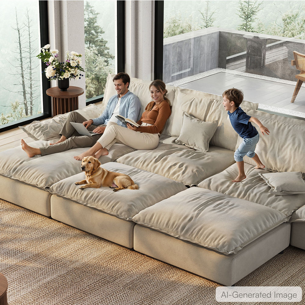 Pet Friendly Beige Suede Fabric Modular Sofas