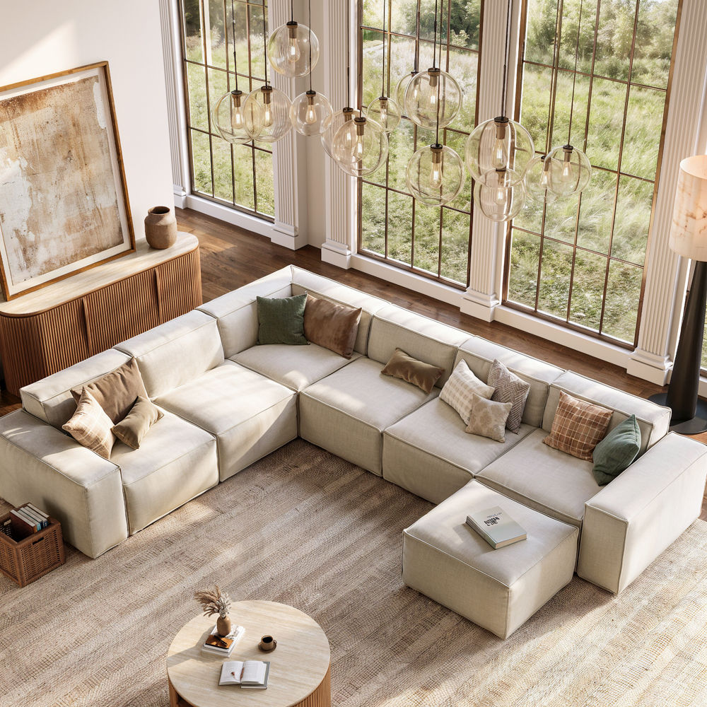Removable Beige Fabric Modular Sofas