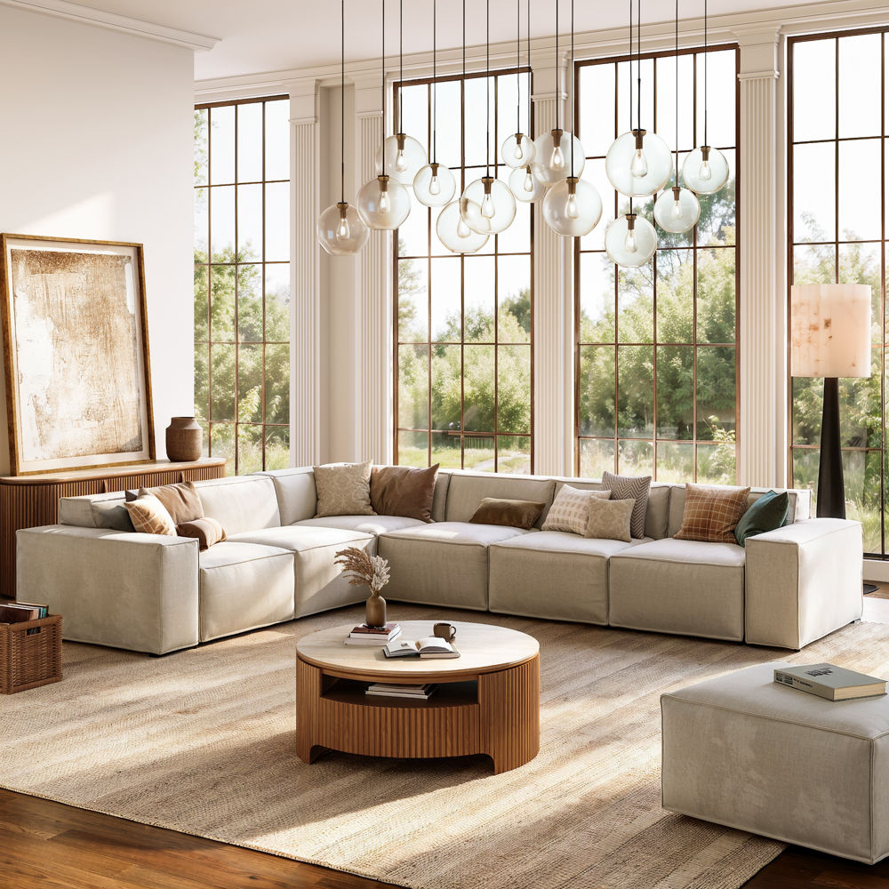 Square Armrest Beige Fabric Modular Sofas