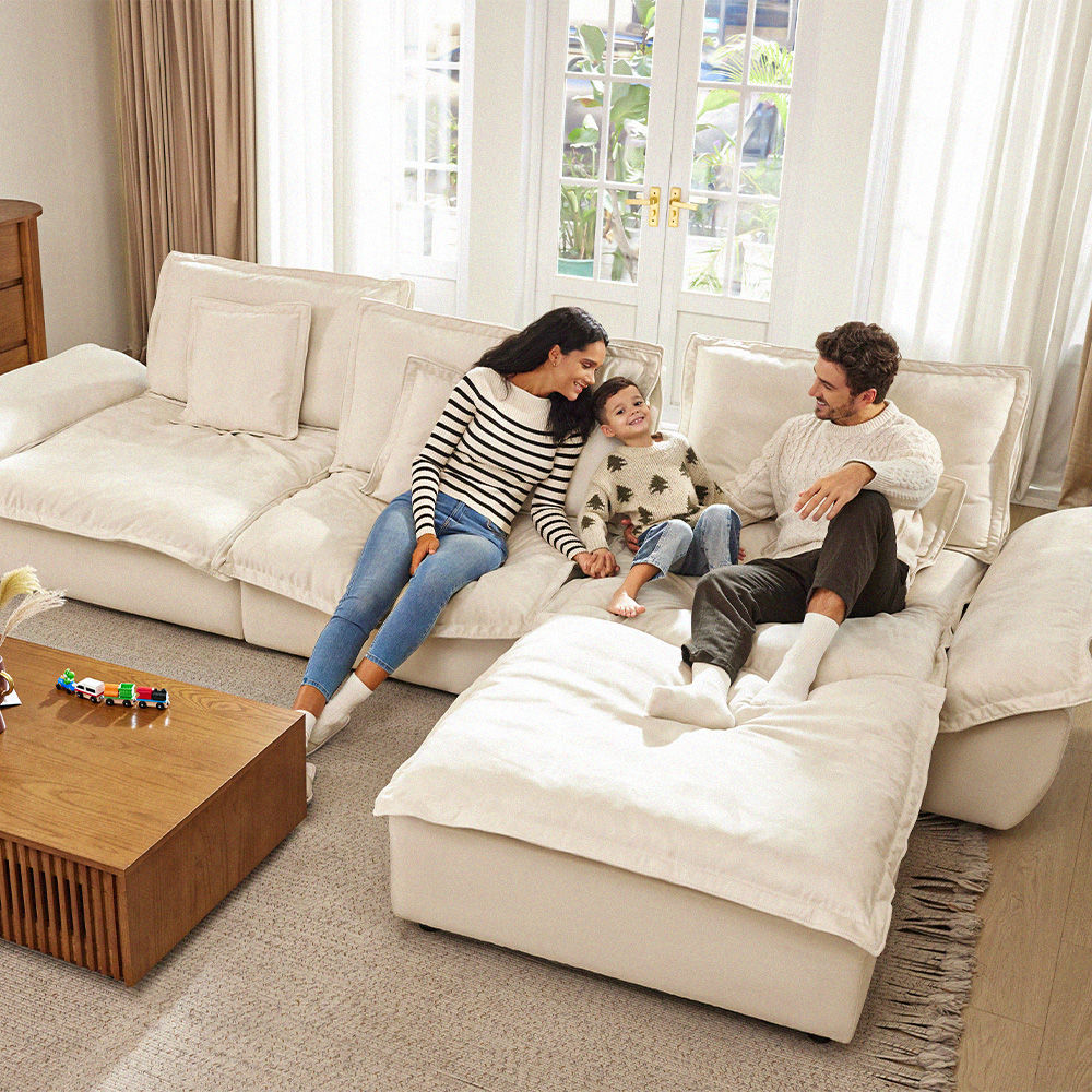 Extra Deep Seat Beige Suede Fabric Modular Sofas