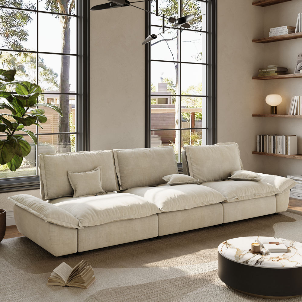 Extra Deep Seat Beige Cotton and Linen Modular Sofas