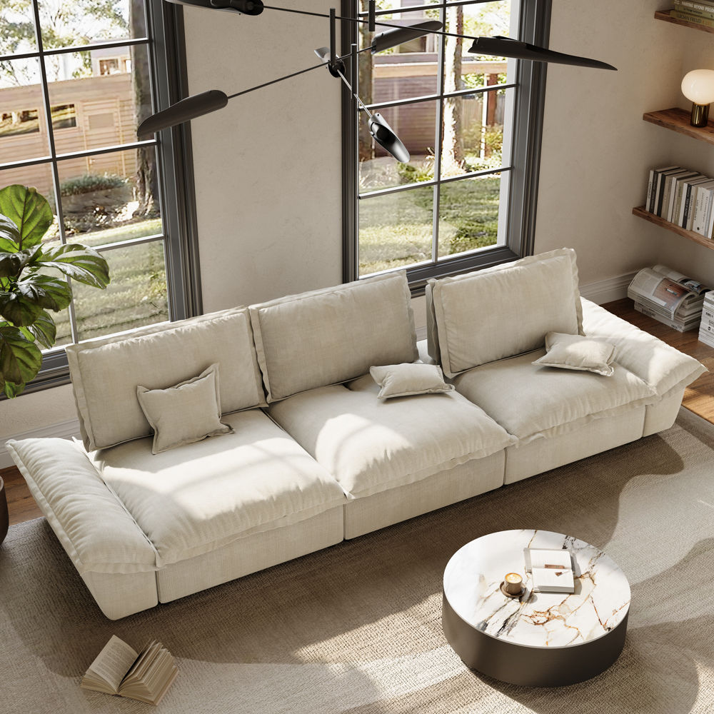 Pillow Armrest Beige Cotton and Linen Modular Sofas