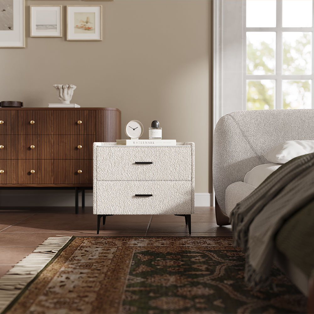 Sintered Stone Beige Pine Wood Nightstands