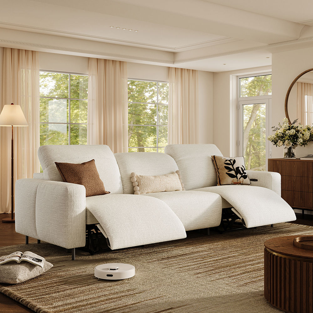 Dual Power Reclining Sofa White Chenille Fabric Recliners