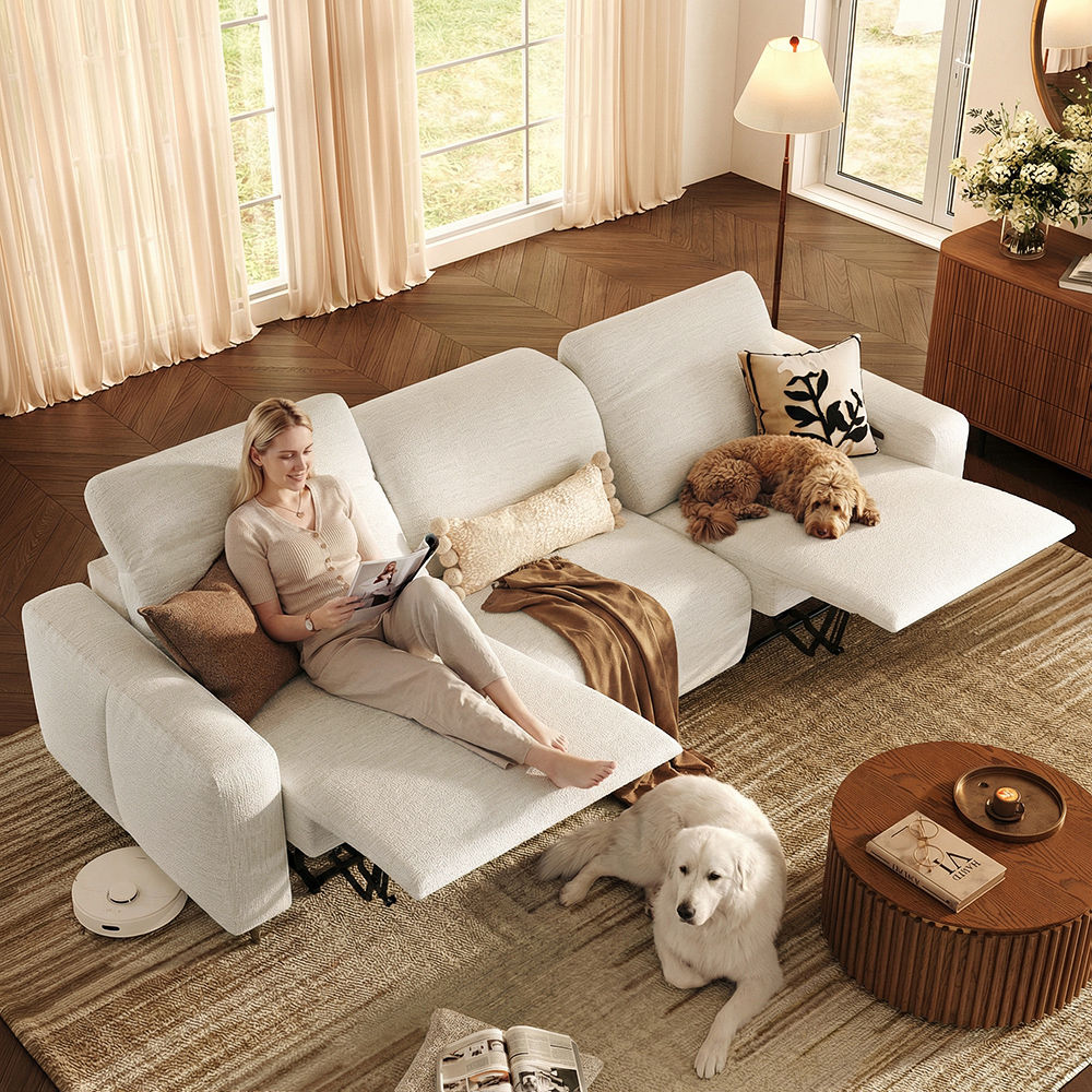 Dual Power Reclining Sofa White Chenille Fabric Recliners