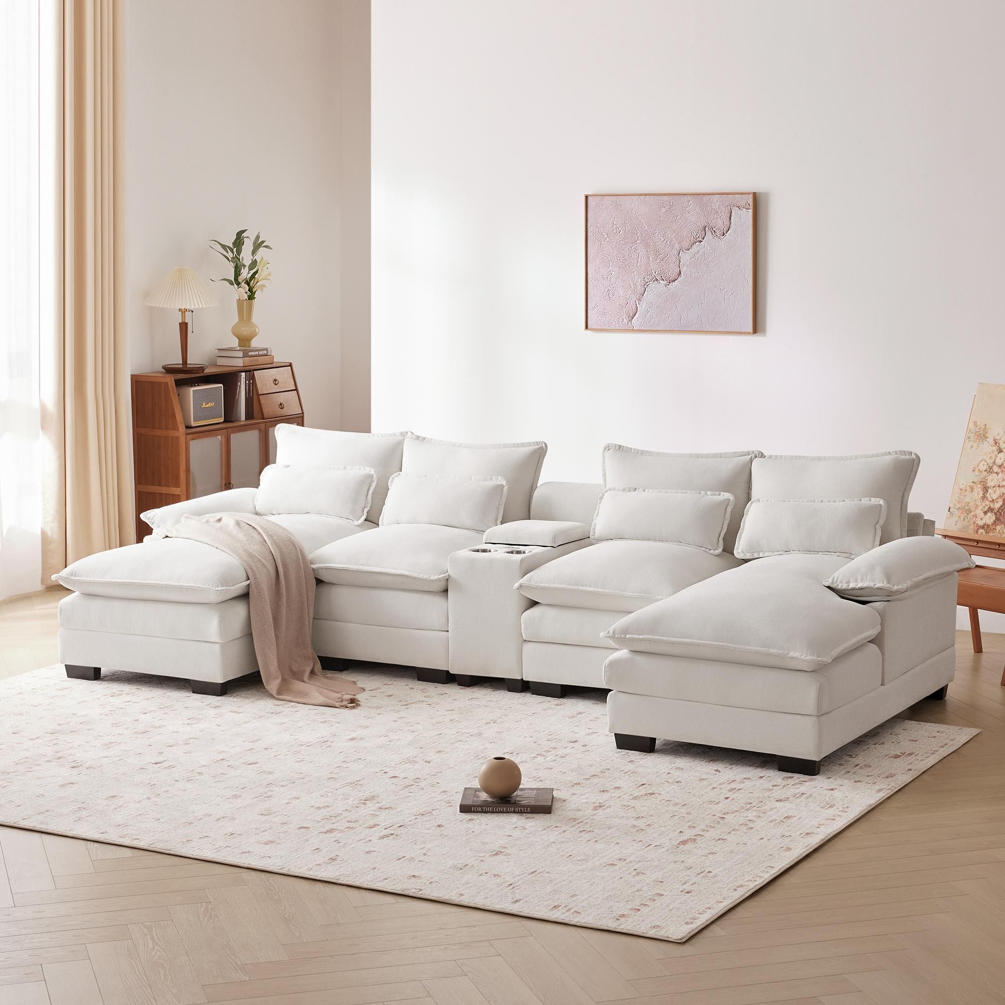 Modern Minimalist White Chenille Fabric Sectionals