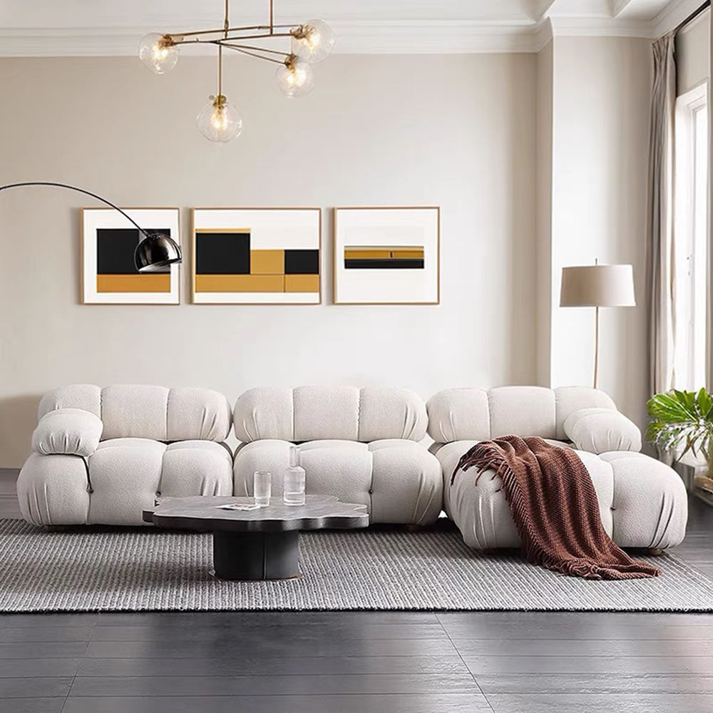L-Shaped Sofas Beige Suede Fabric Sectionals