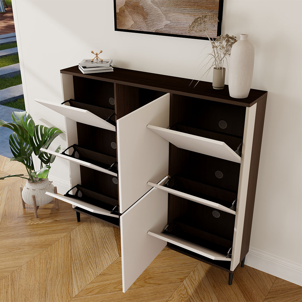 Partly Assemble Walnut&Gray Plywood Shoe Storage