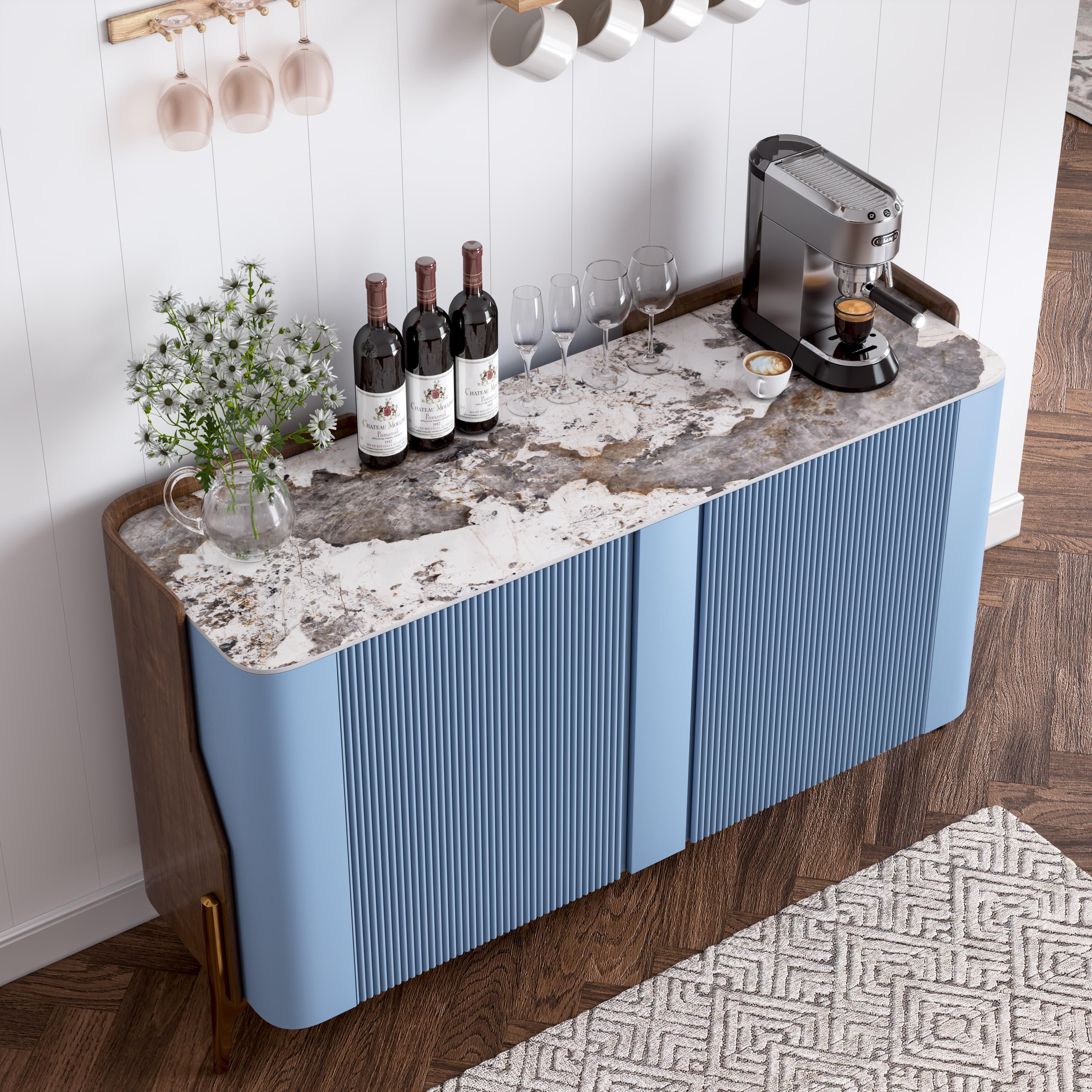 Multi-layer Solid Wood Frame Blue Sintered Stone Sideboards & Buffets