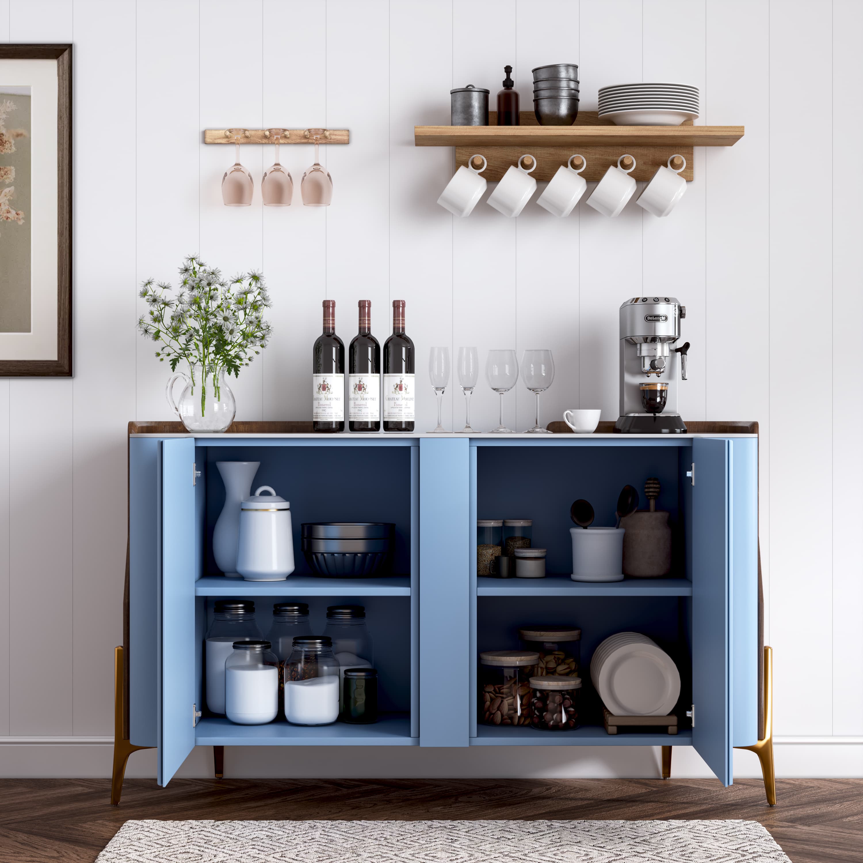 Multi-layer Solid Wood Frame Blue Sintered Stone Sideboards & Buffets