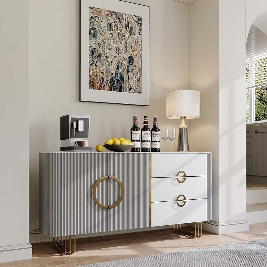 Modern Luxury White & Gray Glossy Sintered Stone Sideboards & Buffets
