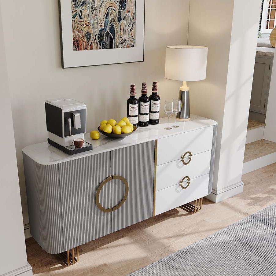 Metal Leg White & Gray Glossy Sintered Stone Sideboards & Buffets