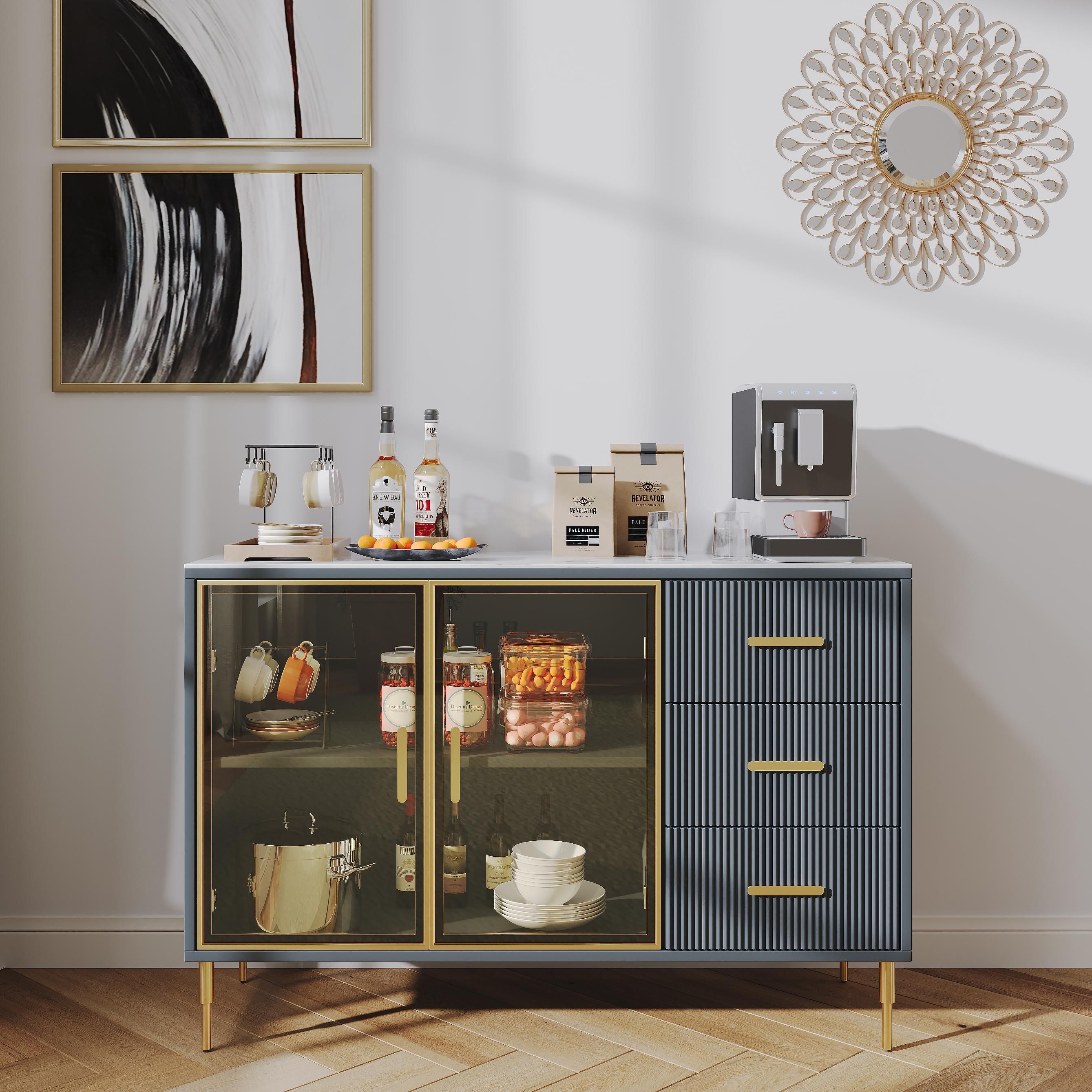 Modern Luxury White & Gray Blue Matte Sintered Stone Sideboards & Buffets