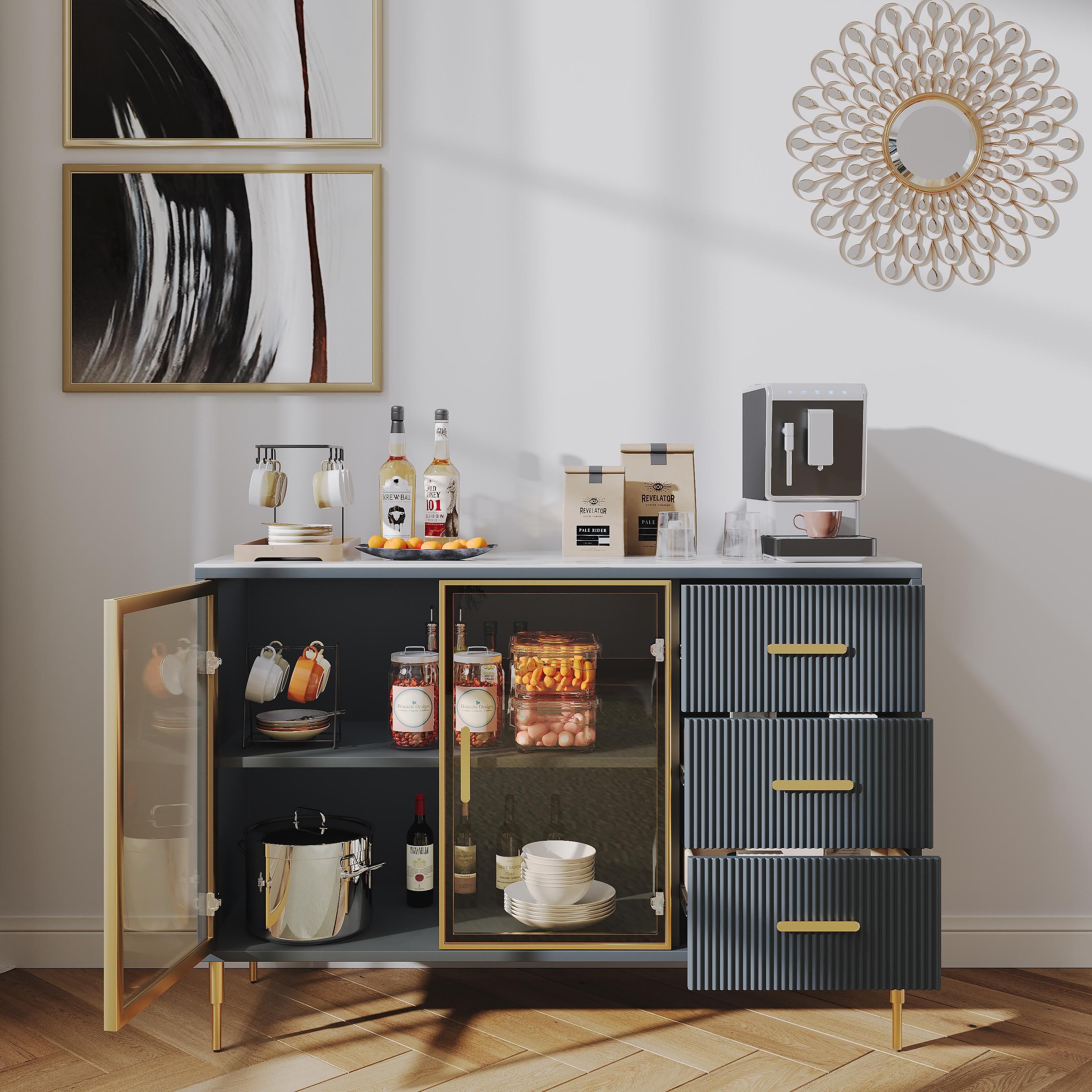 Wood White & Gray Blue Matte Sintered Stone Sideboards & Buffets