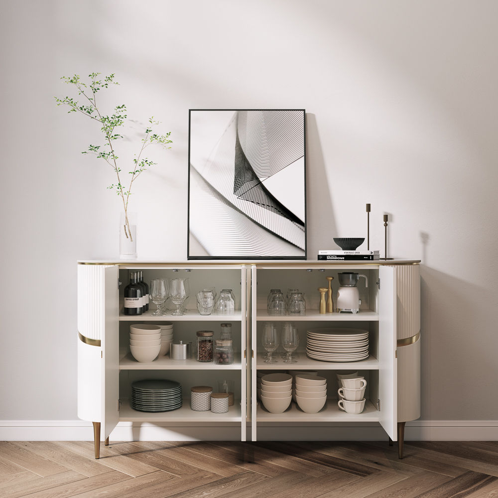 Wood White & Gold Glossy Sintered Stone Sideboards & Buffets