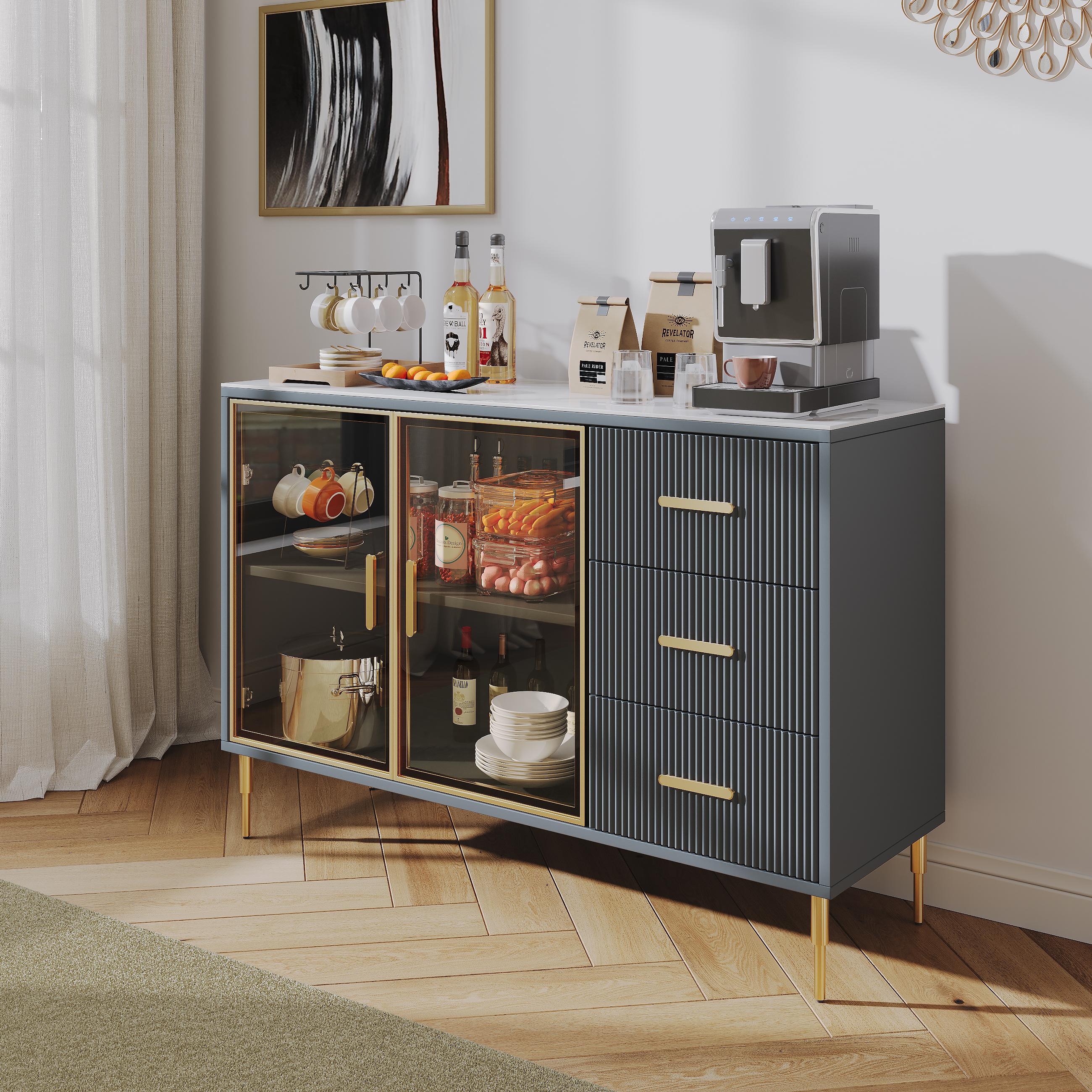 Modern Luxury White & Gray Blue Matte Sintered Stone Sideboards & Buffets