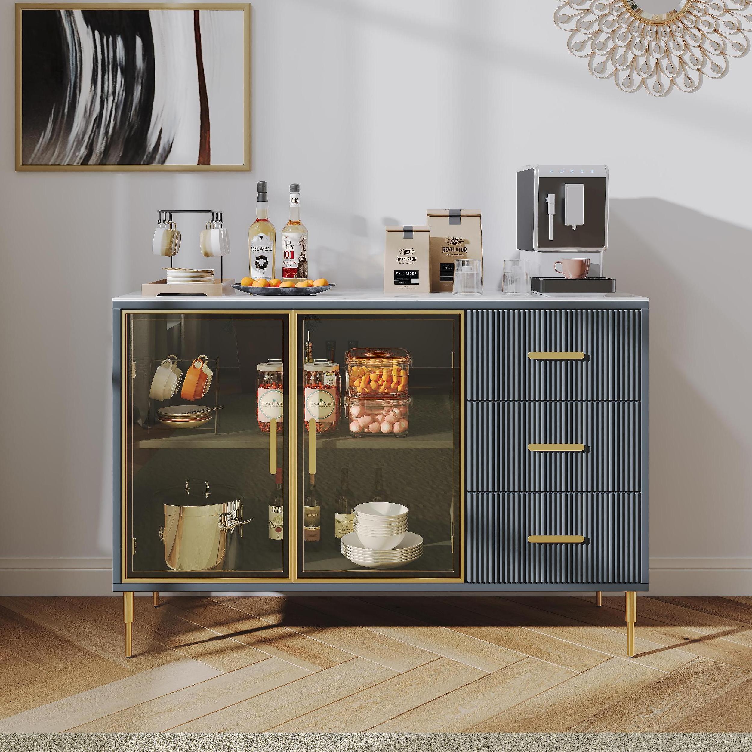 with Drawers White & Gray Blue Matte Sintered Stone Sideboards & Buffets