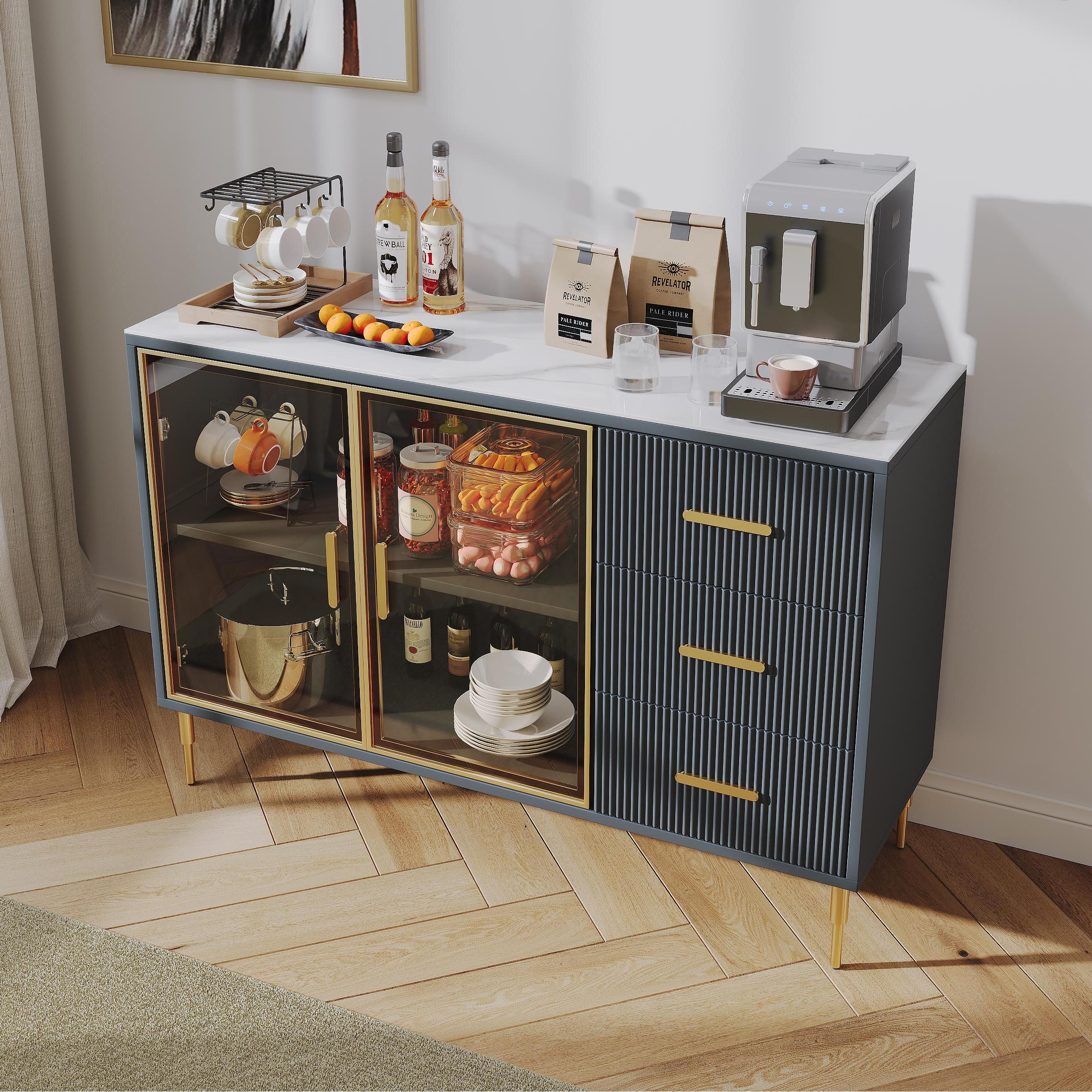 with Drawers White & Gray Blue Matte Sintered Stone Sideboards & Buffets