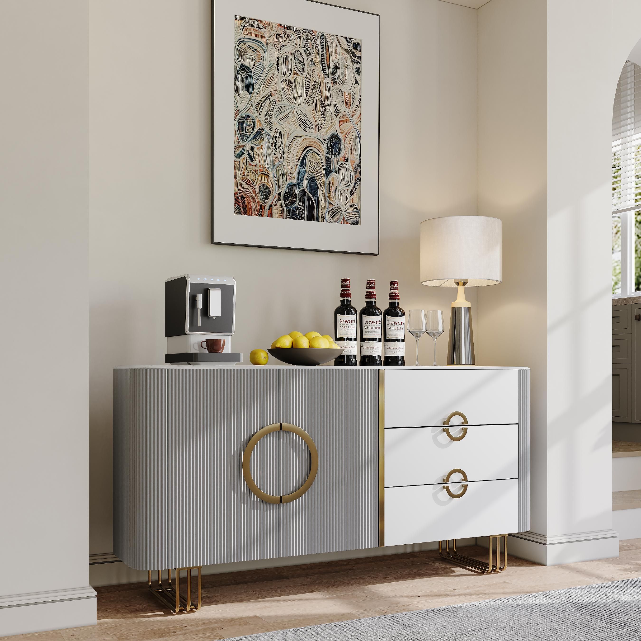 Metal Leg White & Gray Glossy Sintered Stone Sideboards & Buffets